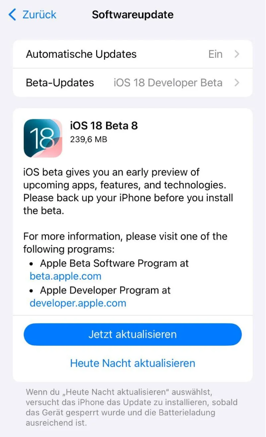 镇原苹果手机维修分享苹果 iOS / iPadOS 18 开发者预览版 Beta 8 发布 